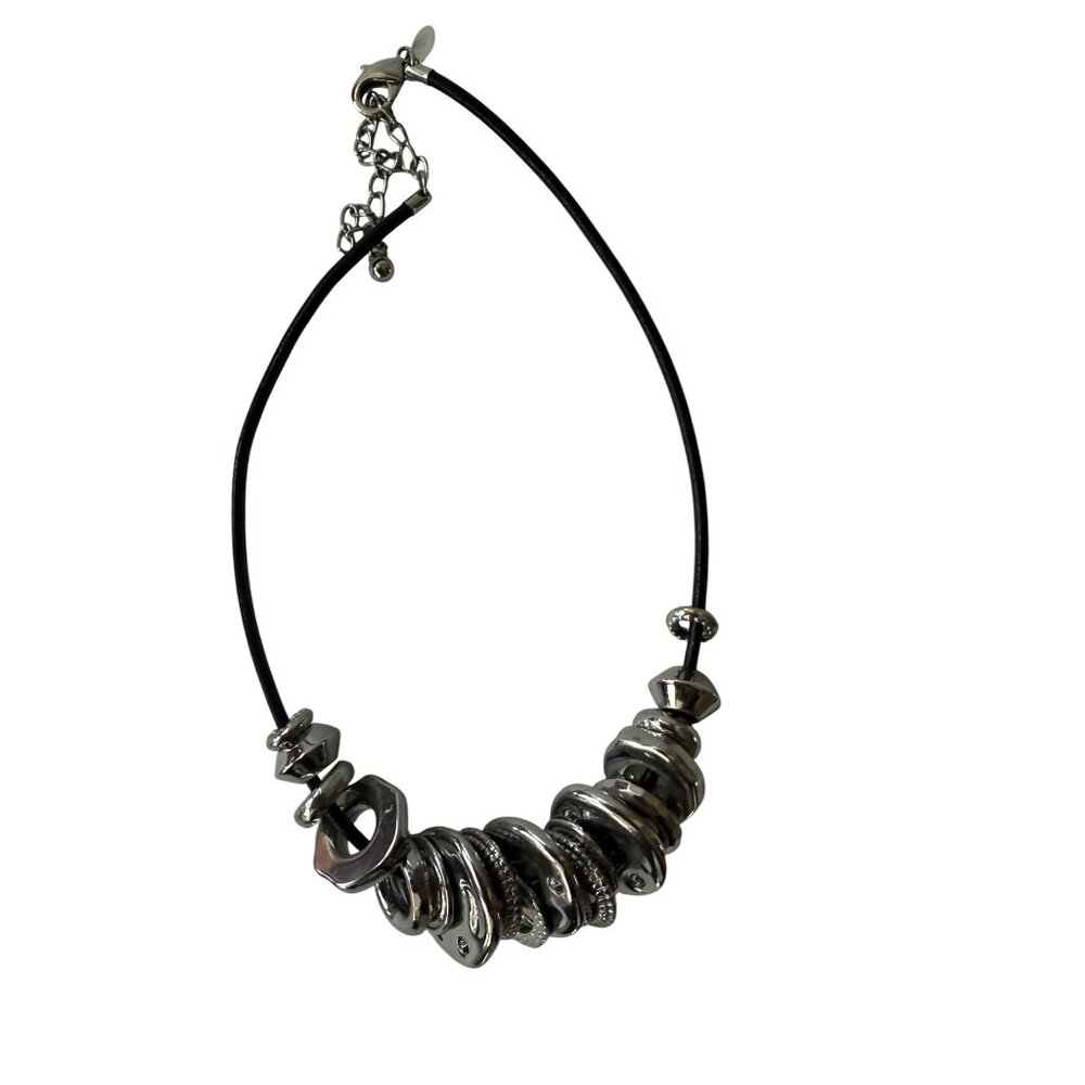 Chunky Silver Tone Necklace With Black Cord & Unique Metal Beads Adjustable Chan